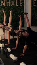 Group fitness class in an indoor workout studio: three women holding dumbbell side-plank poses on black mats with water bottles and rolled towels, leafy green wall backdrop.