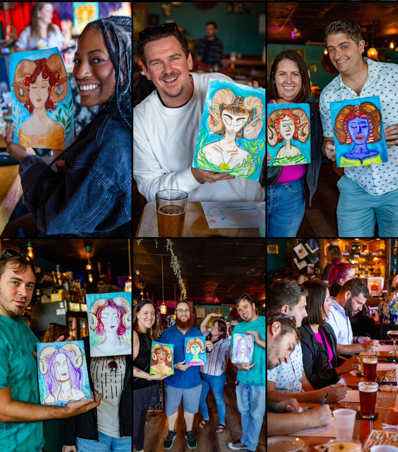 Paint-and-sip night at a cozy bar — smiling friends holding colorful ram-horn portrait paintings, beers on the table, a lively group painting event