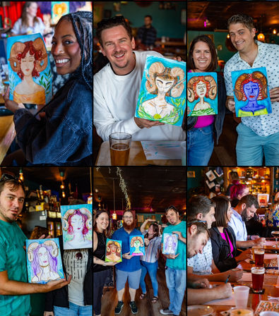 Paint-and-sip night at a cozy bar — smiling friends holding colorful ram-horn portrait paintings, beers on the table, a lively group painting event