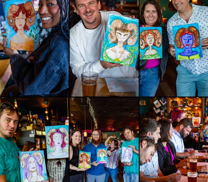 Paint-and-sip night at a cozy bar — smiling friends holding colorful ram-horn portrait paintings, beers on the table, a lively group painting event