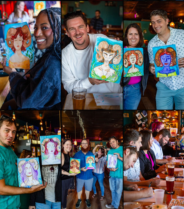 Paint-and-sip night at a cozy bar — smiling friends holding colorful ram-horn portrait paintings, beers on the table, a lively group painting event