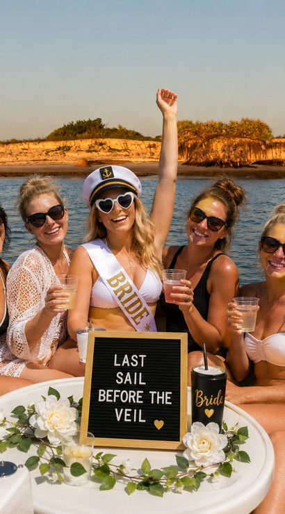 Bachelorette boat party: bride-to-be in captain hat and sash with friends on a coastal boat, drinks raised, ’Last sail before the veil’ sign and sandy island shoreline
