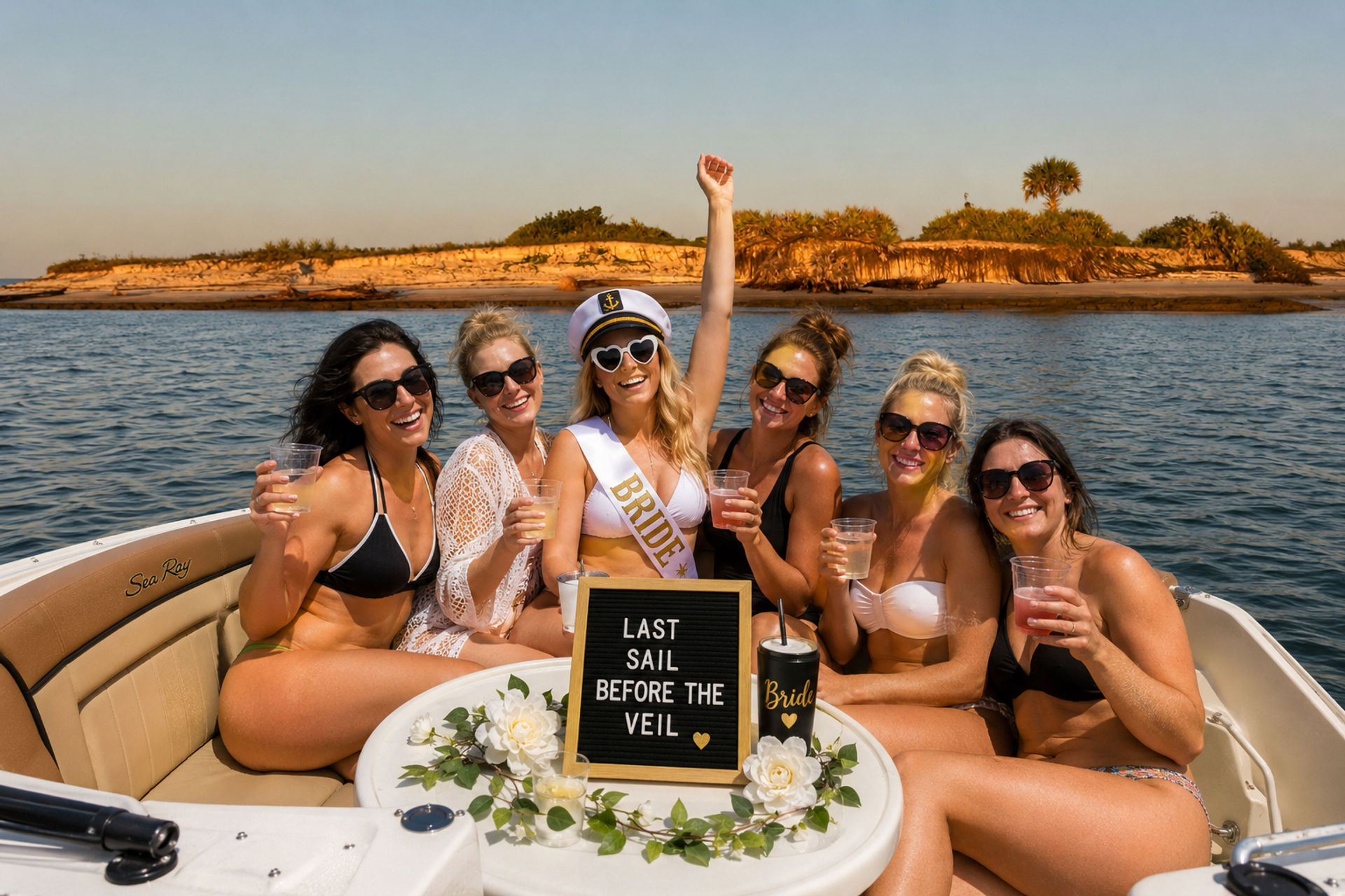 Bachelorette boat party: bride-to-be in captain hat and sash with friends on a coastal boat, drinks raised, ’Last sail before the veil’ sign and sandy island shoreline
