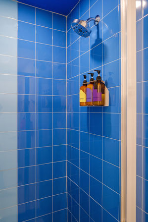 Bright blue tiled shower corner with a chrome showerhead and a wall-mounted rack holding three amber pump bottles labeled shampoo, conditioner, and body wash.