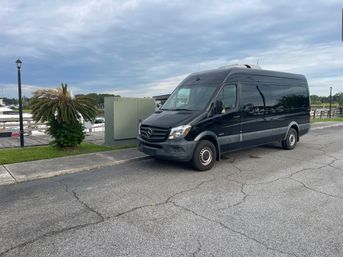 Black Mercedes Sprinter van parked curbside at a marina with boats, a palm plant and wooden dock in the background under a cloudy sky
