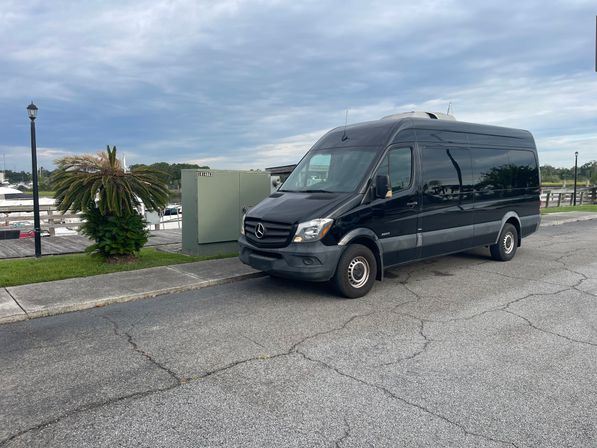 Black Mercedes Sprinter van parked curbside at a marina with boats, a palm plant and wooden dock in the background under a cloudy sky