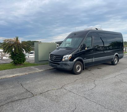 Black Mercedes Sprinter van parked curbside at a marina with boats, a palm plant and wooden dock in the background under a cloudy sky