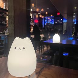 Glowing cat-shaped table lamp on a wooden table in a cozy urban bar, warm pendant lights and blurred patrons in the background.
