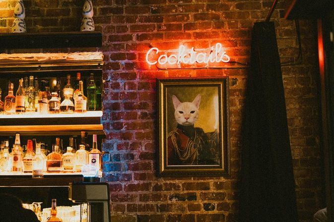 Cozy cocktail bar interior with exposed brick wall, neon "Cocktails" sign, framed regal cat portrait in military attire, and backlit liquor bottles on wooden shelves.