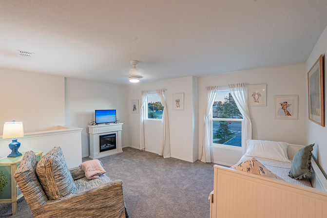 Cozy upstairs family loft with armchair, daybed, electric fireplace and TV, soft gray carpet, sheer curtained windows and playful animal wall art in a bright suburban home