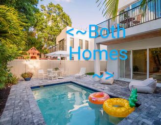 Modern two-story backyard with private pool, patio dining and loungers, tropical landscaping and colorful inflatable floats; blue "Both Homes" text overlay.