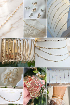Flatlay of handmade gold and silver jewelry: dainty chain necklaces, pearl-accent and beaded bracelets, wavy bangles and thin stacking rings displayed on white backgrounds — minimalist artisan accessories.