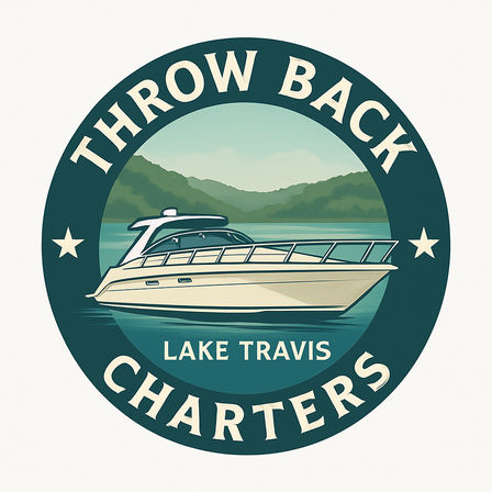 Retro circular logo of a sleek motor yacht on Lake Travis with teal water and rolling green hills, evoking classic boat charter adventures.
