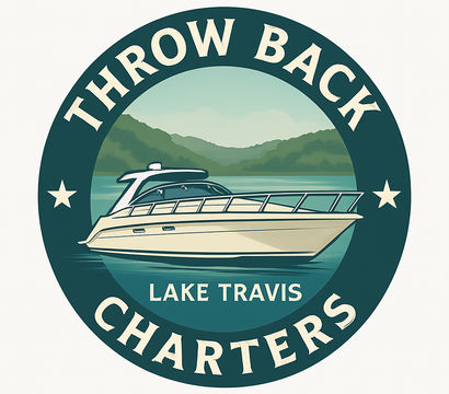 Retro circular logo of a sleek motor yacht on Lake Travis with teal water and rolling green hills, evoking classic boat charter adventures.