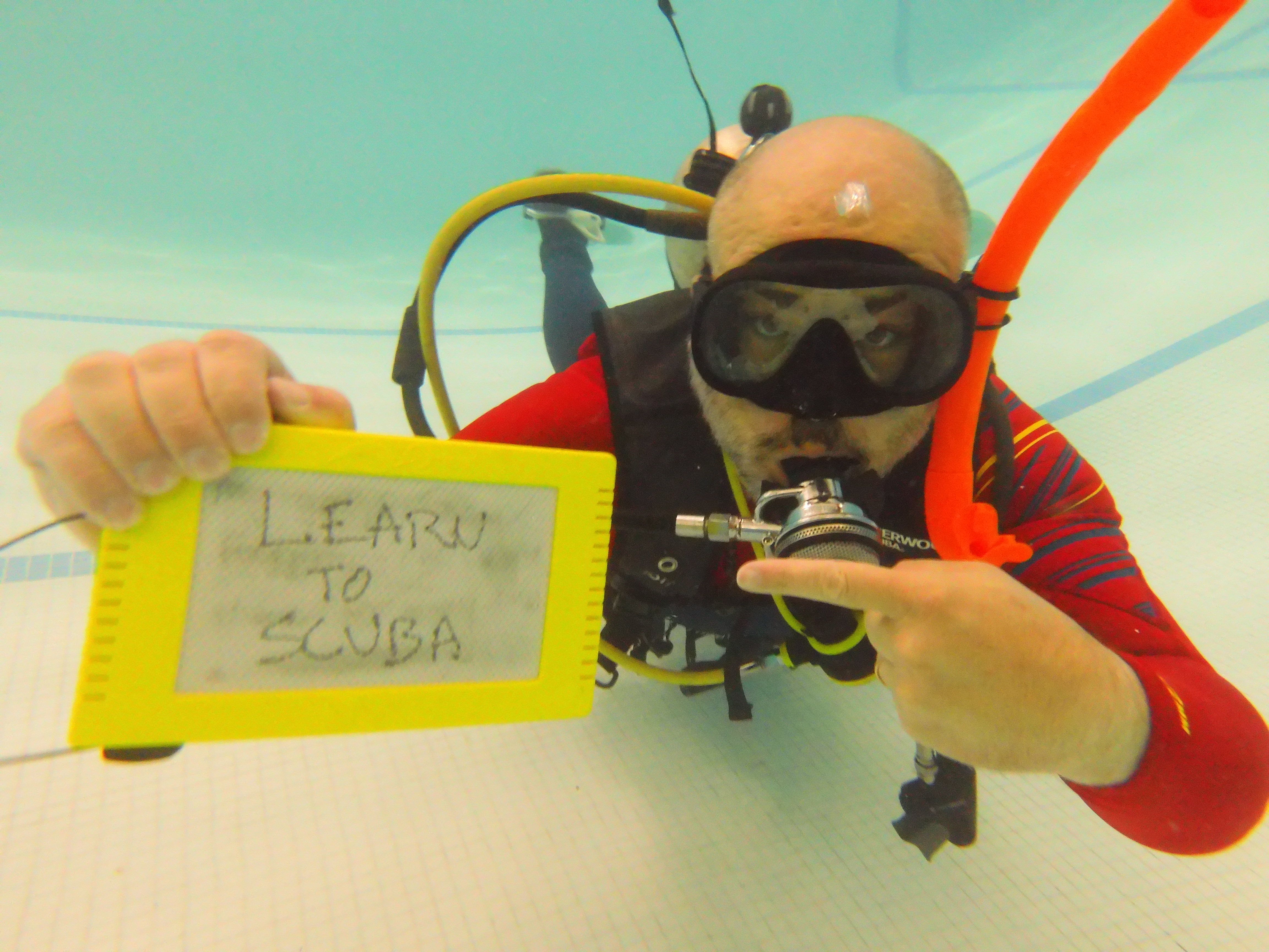 Underwater scuba training in an indoor pool: diver in mask and regulator points to a yellow slate reading 'LEARN TO SCUBA'.