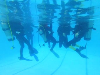 Group of scuba divers training underwater in a clear swimming pool, wearing tanks, wetsuits and fins near the surface