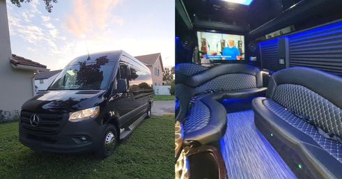 Black Mercedes Sprinter van parked on a suburban lawn at sunset, shown next to a plush, LED-lit interior lounge with quilted leather bench seating, wood-look floor and a mounted TV — luxury shuttle/party van vibe.