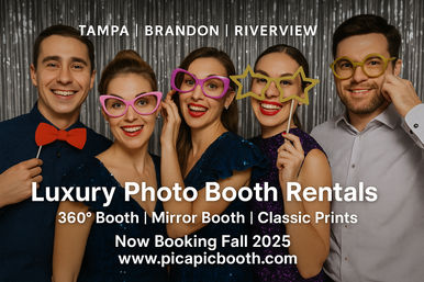 Five adults smiling in a luxury photo booth with silver fringe backdrop, wearing colorful novelty glasses and a red bow tie; overlay text notes Tampa, Brandon, Riverview and booking Fall 2025 for 360° and mirror booth rentals.