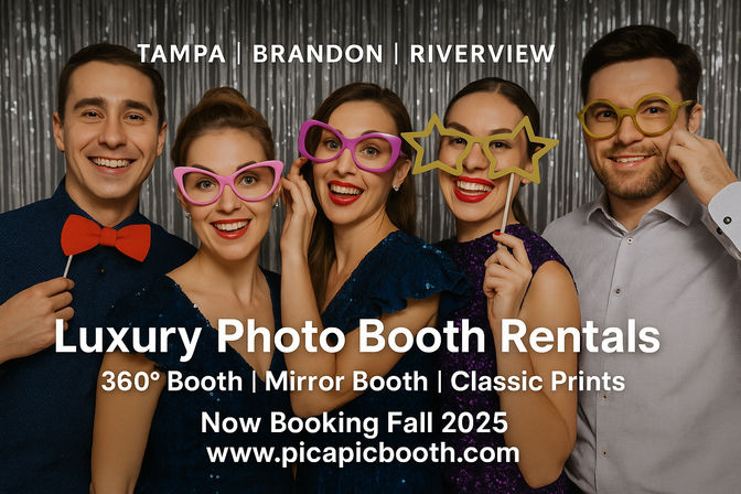 Five adults smiling in a luxury photo booth with silver fringe backdrop, wearing colorful novelty glasses and a red bow tie; overlay text notes Tampa, Brandon, Riverview and booking Fall 2025 for 360° and mirror booth rentals.