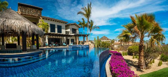 Sun-drenched luxury villa with a curved infinity pool, thatched palapa bar, palm trees, purple bougainvillea and desert landscaping under a bright blue sky