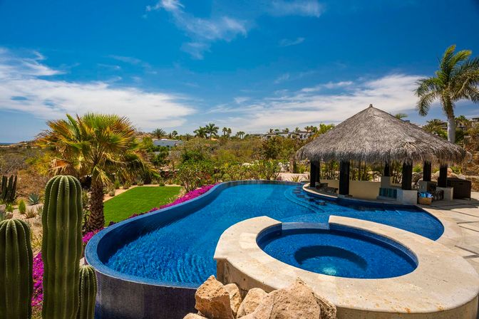 Luxury infinity pool with circular hot tub and thatched palapa swim-up bar, surrounded by cacti, palm trees and flowering landscaping under a bright blue sky — resort vibe