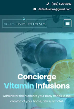 Mobile website hero for concierge vitamin infusions: teal header with contact icons, IV bag filled with blueberries and an orange slice, tagline offering nutrient drips at home, office, or hotel.