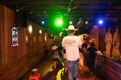 Country bar interior with wooden walls and neon beer signs, green stage lights illuminating patrons in cowboy hats line-dancing down a dim wooden dance floor.