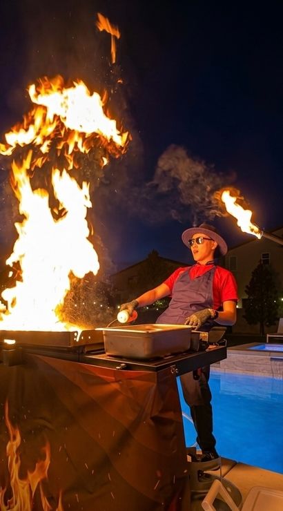 Poolside chef at night flambéing on an outdoor griddle — giant column of fire, assistant with torch, hat-and-sunglasses cook beside a backyard pool with string lights.