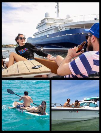Friends enjoying boating and paddleboarding in clear turquoise Florida waters — lounging on a small motorboat near a large yacht on a sunny day.
