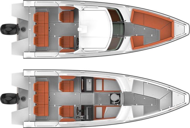 Top-down schematic of a small motorboat with outboard engine showing two layouts: open cockpit with bright orange seating and bow lounge, and alternate lower-cabin layout with berths, galley area and marine head.