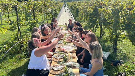 Vineyard picnic: group of people toasting around a long outdoor table set with plates, cheeses and candles between rows of grapevines and a boho tent.