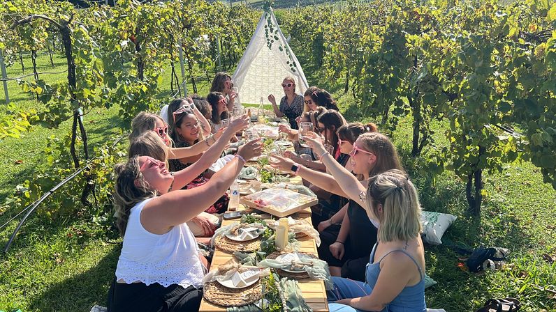 Vineyard picnic: group of people toasting around a long outdoor table set with plates, cheeses and candles between rows of grapevines and a boho tent.