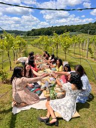 Cheerful friends toasting at a long picnic table in a sunlit vineyard, surrounded by neat rows of grapevines, rolling green hills and a bright blue sky — summer wine-tasting countryside scene.