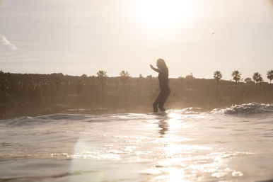 Silhouette of a surfer balancing on a longboard at sunset, golden sunlight reflecting on gentle waves with palm trees along the distant shoreline.