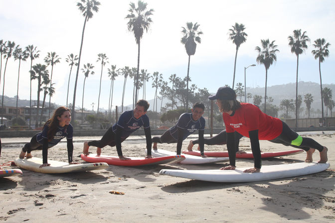 Group surf lesson: four people in wetsuits practicing pop-up planks on surfboards on a sunny, palm‑lined beach near the shoreline.