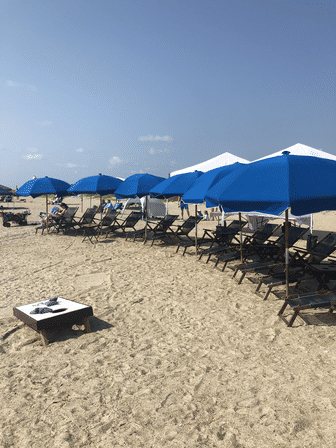 Row of bright blue beach umbrellas and wooden lounge chairs on a sandy beach under a clear blue sky — resort-style setup for a sunny seaside day.