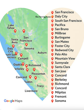Heart-shaped map of the San Francisco Bay Area and nearby North Bay/South Bay with red location pins and a right-hand list of served cities, including San Francisco, Daly City, South San Francisco, Pacifica, San Bruno, Millbrae, Burlingame, San Mateo, Foster City, Redwood City, Palo Alto, Mountain View, Sunnyvale, Santa Clara, San Jose, Concord, Berkeley, Richmond, Milpitas, Fremont, and Sonoma.