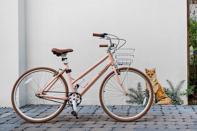 Blush-pink city bicycle with brown saddle and front wire basket parked on cobblestone alley against a white wall, beside a painted fox mural and fern accents.