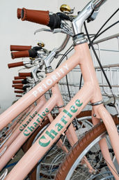 Row of pastel pink city bicycles lined up, close-up of chrome handlebars, brown leather-style grips, wire front baskets and tan tires — retro urban style.