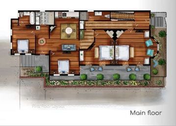 Colorful top-down main floor plan of a residential unit with wood floors, three bedrooms, central living and dining area, kitchen and bathroom, staircase, and a landscaped front patio with outdoor seating.