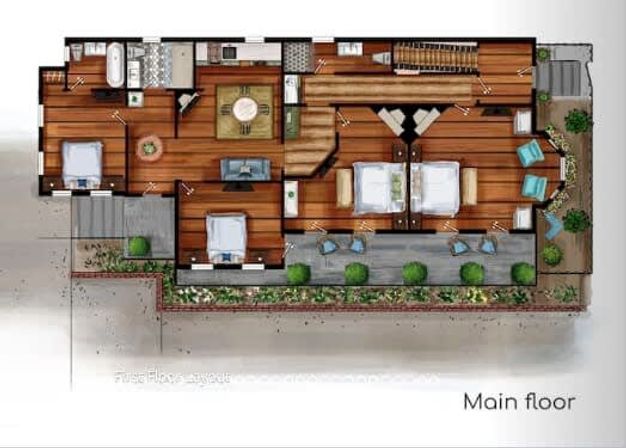 Colorful top-down main floor plan of a residential unit with wood floors, three bedrooms, central living and dining area, kitchen and bathroom, staircase, and a landscaped front patio with outdoor seating.