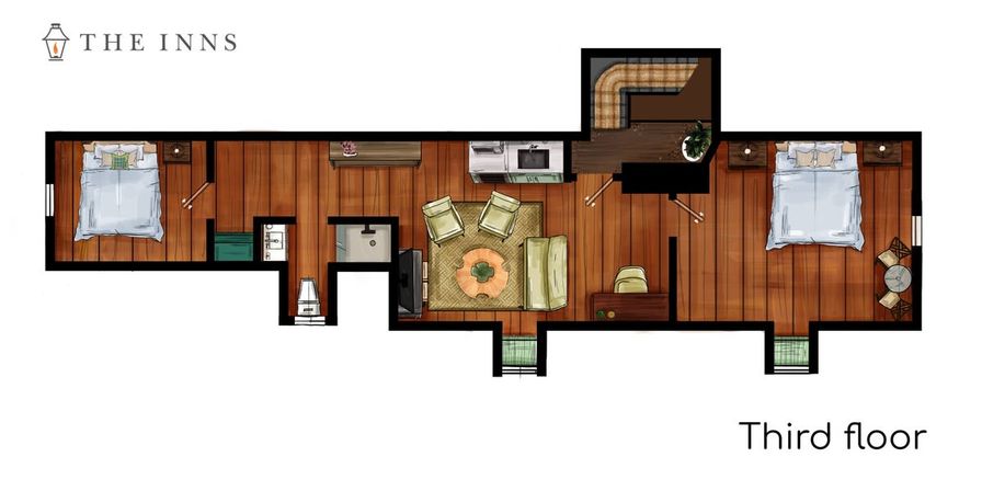 Illustrated third-floor floor plan of a cozy two-bedroom suite with hardwood floors, central living area with sofa and chairs, small kitchenette, one bathroom, and bedside tables — compact inn-style layout.