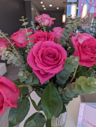 Close-up of vibrant fuchsia roses and silver-dollar eucalyptus arranged in a glass vase on a modern indoor table, bright floral bouquet