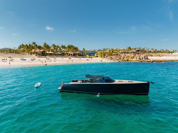 Sleek black luxury yacht anchored in turquoise water off a palm-lined sandy beach under a sunny blue sky
