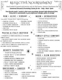 Black-and-white stylized menu poster titled "Reflective Nourishment" for a wellness cafe — plant-based menu categories: Raw • Alive • Vibrant, Warm • Herbaceous, Pastas & Italy‑Inspired, Hearty Favorites, Family‑Style Comfort, Dressings & Sauces, and Sides • Glow Boosters, with examples like ceviche, tempeh meatballs, stuffed peppers, lasagna, salads and seasonal sides.