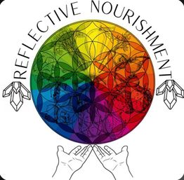 Vibrant rainbow mandala filled with sketched fruits and vegetables, arched text reading 'REFLECTIVE NOURISHMENT' above, geometric bee icons at the sides and cupped hands below — holistic nutrition and wellness emblem.