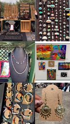 Outdoor artisan market stall displaying handmade jewelry—rows of rings, pendant necklaces, beaded bracelets and brass sunburst earrings—beside colorful abstract paintings at a craft fair.