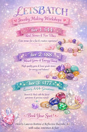 Pastel sparkly poster promoting jewelry making workshops with three tiers and prices: Tier 1 $44 (real stones & fun vibes) pictured with a beaded bracelet, Tier 2 $88 (mixed gems & energy boost) shown with colorful gems, Tier 3 $177 (luxury AAA+ gemstones) displayed with faceted stones and rings, plus a 'Book Your Spot' call-to-action.