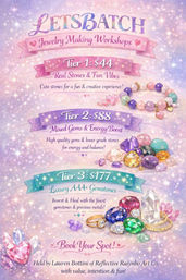 Sparkly pastel flyer for a jewelry-making workshop: three tiers with prices — Tier 1 $44 (real stones, bracelet), Tier 2 $88 (mixed gems), Tier 3 $177 (luxury AAA+ gemstones with rings and crystals); playful “Book Your Spot” call-to-action.