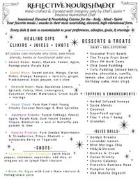 Stylized wellness juice and plant-based dessert menu featuring sections for healing sips, elixirs, juices & shots (example blends like Garnet Roots, Emerald Heart, Amethyst Dreams), plus desserts & treats, toppers & enhancements, and bliss balls — decorative star accents and vintage corner flourishes.